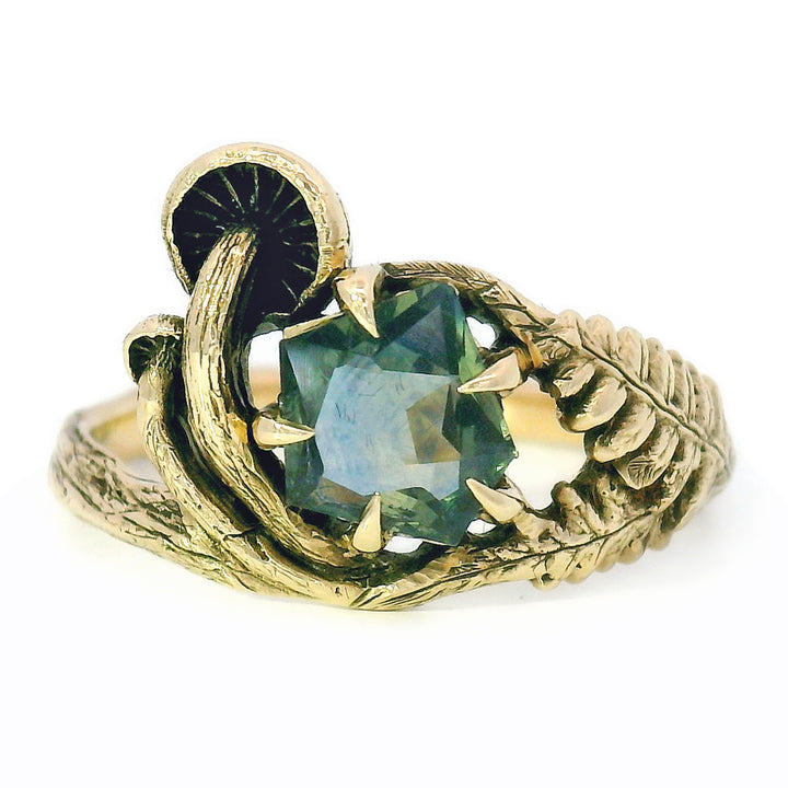 Geo-Cut Montana Sapphire Mushroom & Fern Ring - "Seaview"