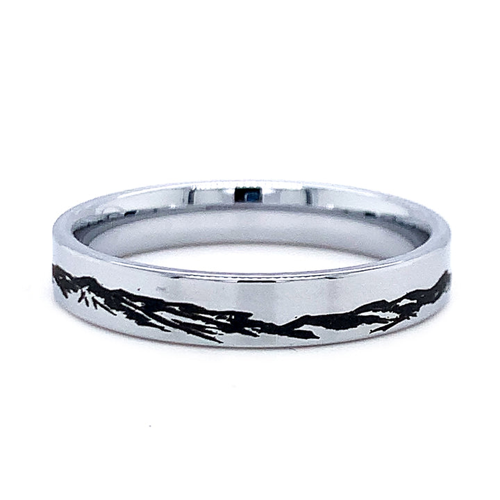 Narrow Tungsten Band with Mountain Engraving - "Rocky Ridge"