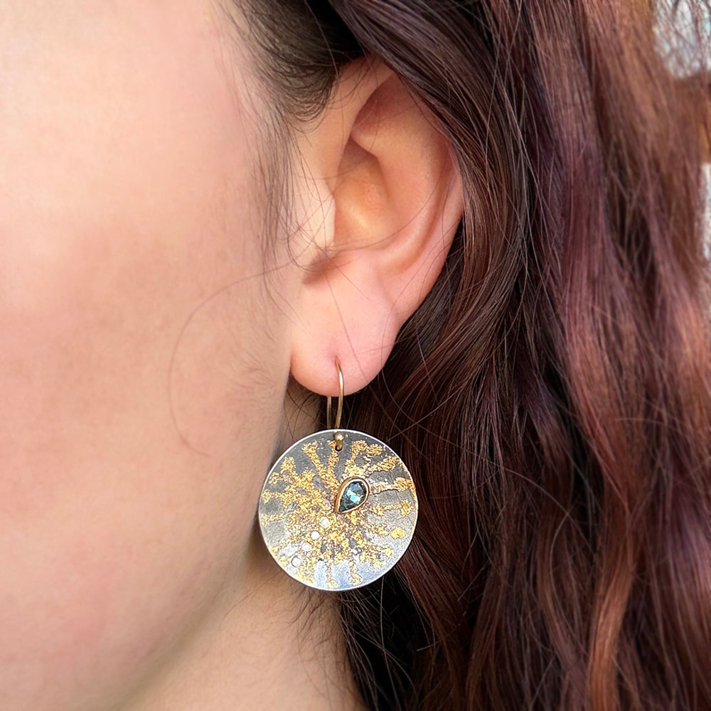 Montana Sapphire, Diamond, Yellow Gold & Silver Earrings - "Sunseed"