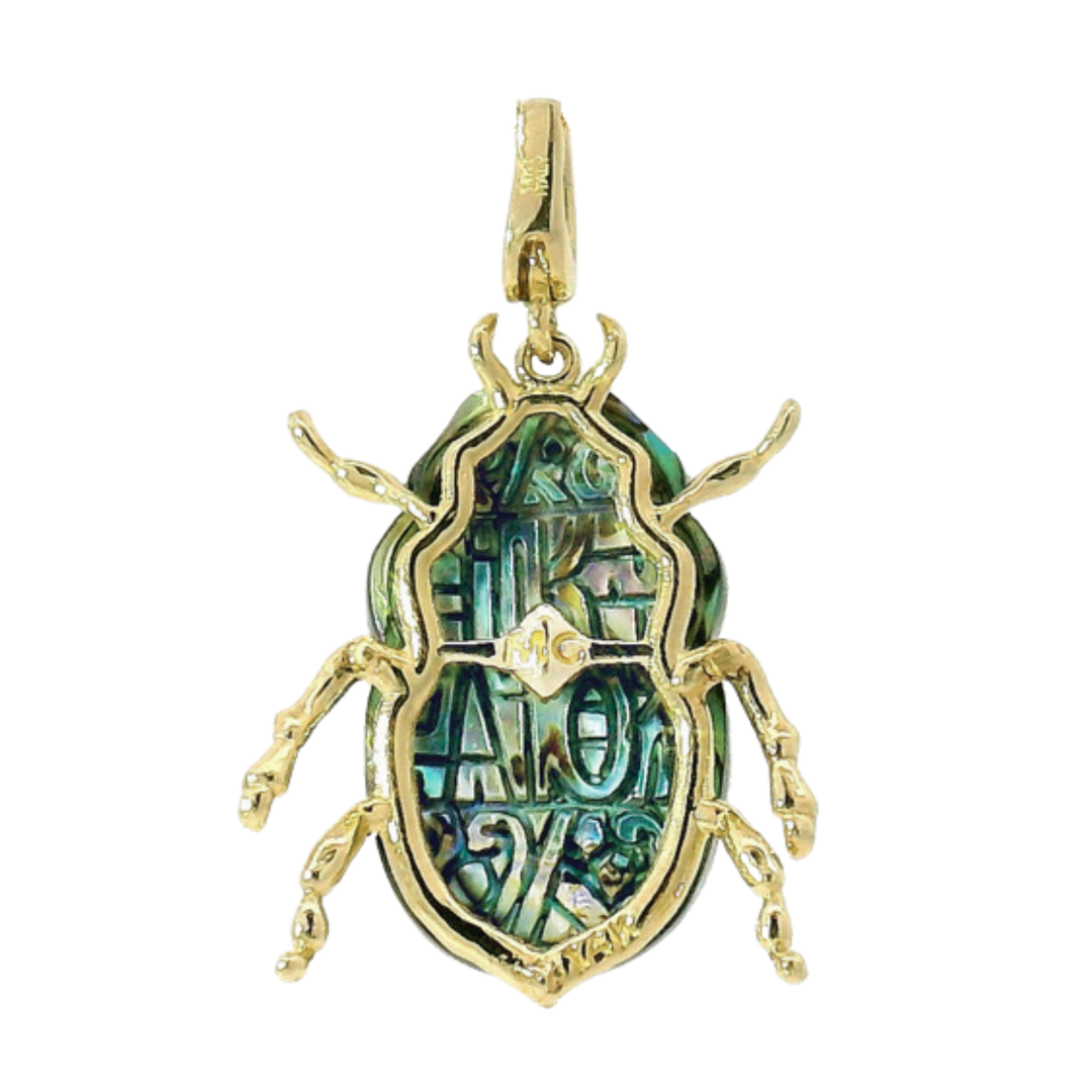 Carved Chalcedony, Abalone & Diamond Pendant - "Luminescent Scarab Beetle"
