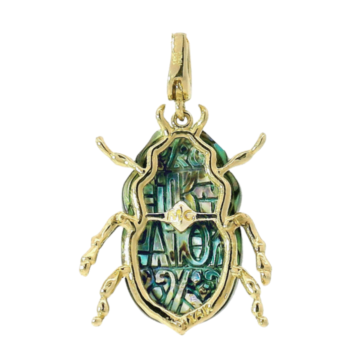 Carved Chalcedony, Abalone & Diamond Pendant - "Luminescent Scarab Beetle"