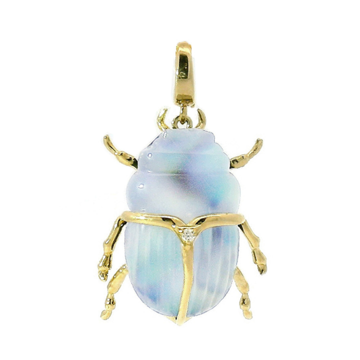 Carved Chalcedony, Abalone & Diamond Pendant - "Luminescent Scarab Beetle"