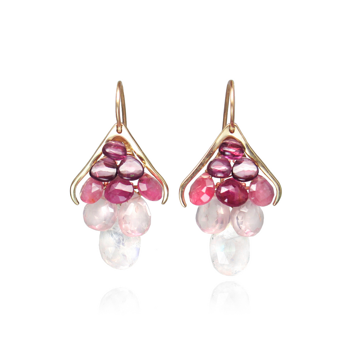 Moonstone, Rose Quartz, Garnet & Pink Tourmaline Earrings - "Plumage"