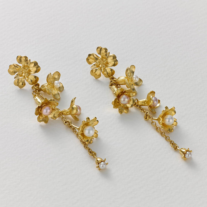 Limited Edition Pearl Drop Gold Vermeil Earrings - "Tumbling Wildflowers"