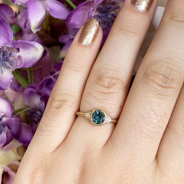 Yellow Gold and Round Teal Montana Sapphire Ring - "Serena"