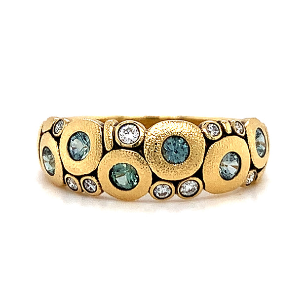 Green Montana Sapphire & Diamond Yellow Gold Domed Ring - "Candy"