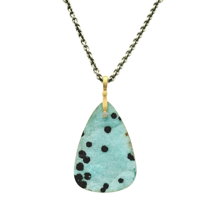 Chrysocolla Drusy & Yellow Gold Pendant - "Sticks & Stones"
