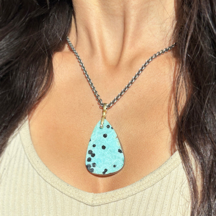 Chrysocolla Drusy & Yellow Gold Pendant - "Sticks & Stones"