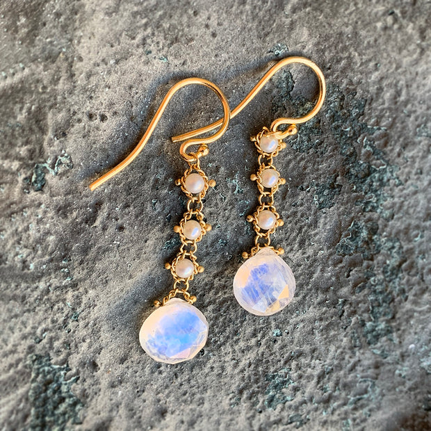 Moonstone & Pearl Woven Drop Earrings - "Moon Drop"