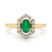 Oval Emerald, Diamond Halo, and 14K Yellow Gold Ring Front