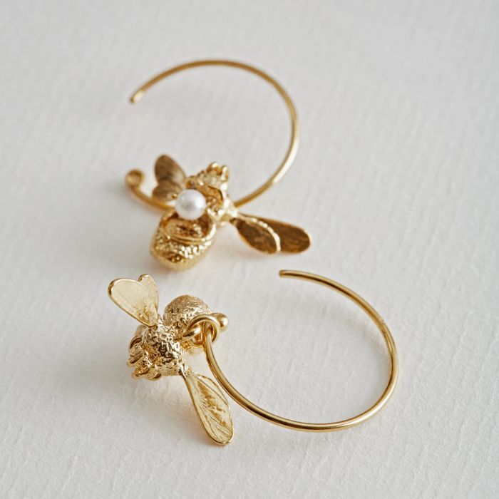 Gold Vermeil Freshwater Pearl Hoop Earrings - "Flying Bee"