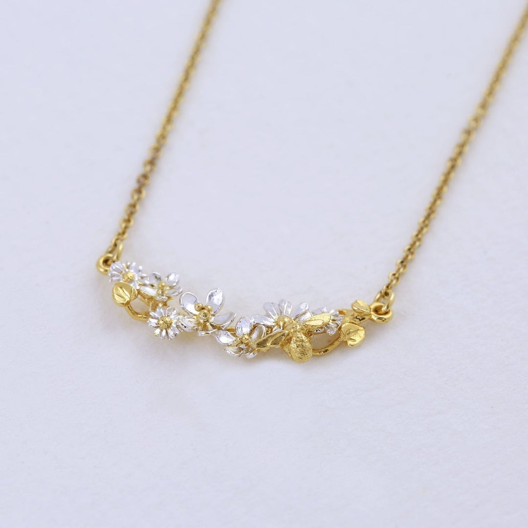 Gold Vermeil & Sterling Silver Bee & Floral Necklace - "Garden Gathering"