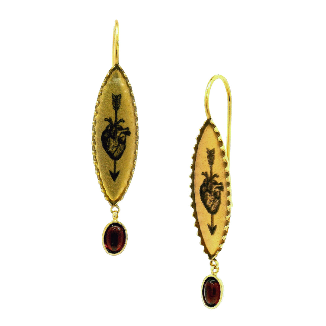 Anatomical heart earrings with almandine garnet drop