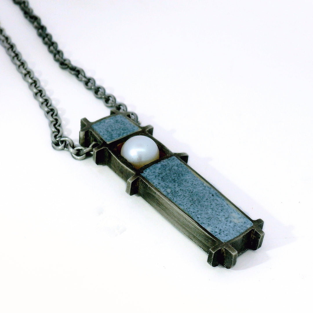 Architectural enamel pendant with Akoya pearl and 22K gold backdrop