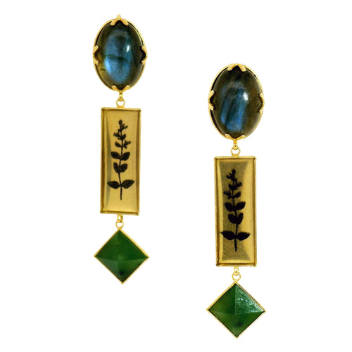Labradorite & Jade Gold Vermeil Earrings - "Night Garden"