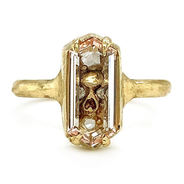 Morganite, Diamond & Yellow Gold Skull Ring - "Into the Crypt"