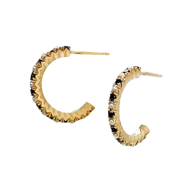 Pearl & Black Diamond Yellow Gold Hoops - "Old Hollywood"