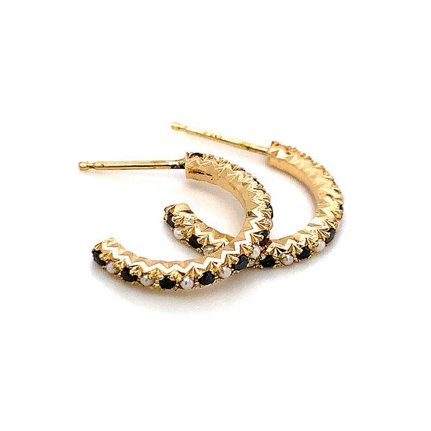 Pearl & Black Diamond Yellow Gold Hoops - "Old Hollywood"