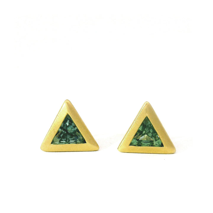 Trillion-Shaped Montana Sapphire & Yellow Gold Earrings - "Pine"