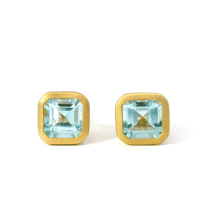 Aquamarine & Yellow Gold Stud Earrings - "Mirror of Ice"