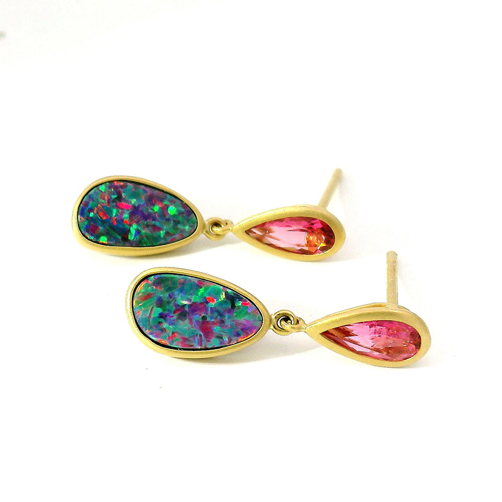 Opal Doublet & Pink Tourmaline Earrings - "Confetti"