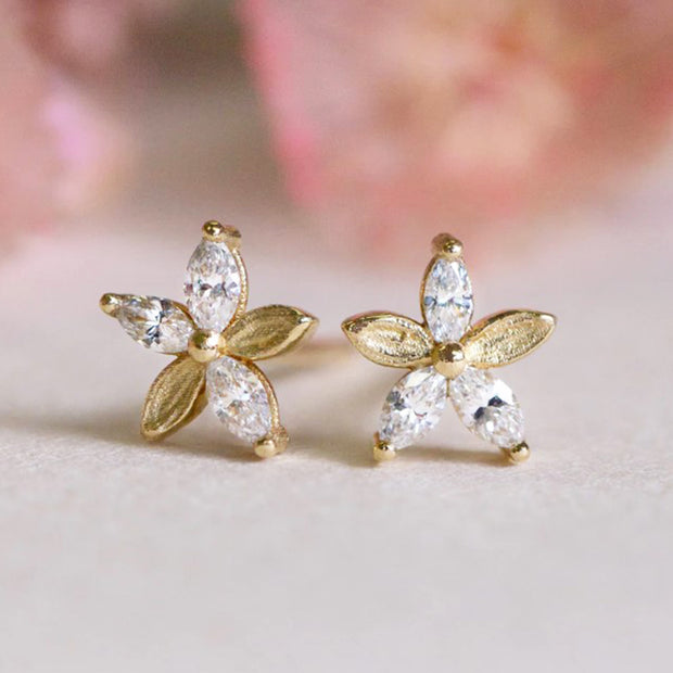 Diamond & Yellow Gold Flower Stud Earrings - "Monet Lily"