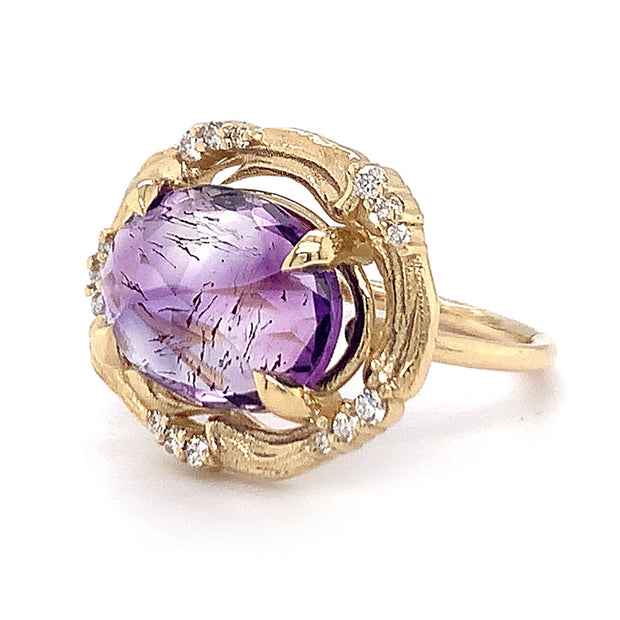 Rutilated Amethyst & Diamond Yellow Gold Ring - "Ultra Violet"
