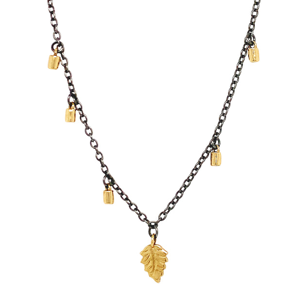 Yellow Gold & Sterling Silver Necklace - "Leaf & Fairy Dust"