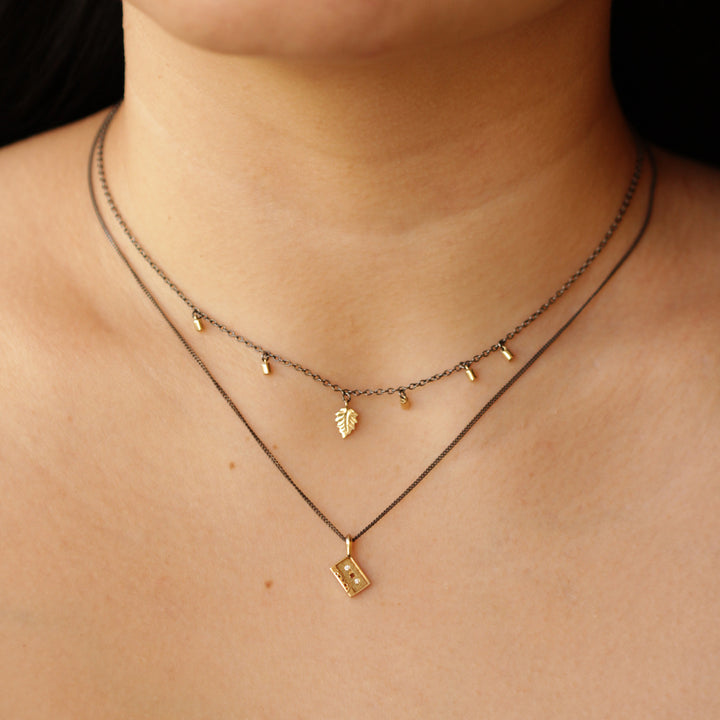 Yellow Gold & Sterling Silver Necklace - "Leaf & Fairy Dust"