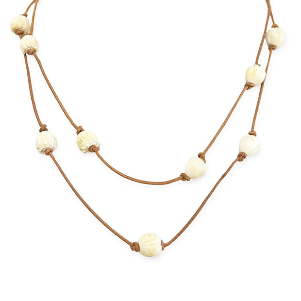 Carved Bone Bead & Leather Necklace - "Tulips"