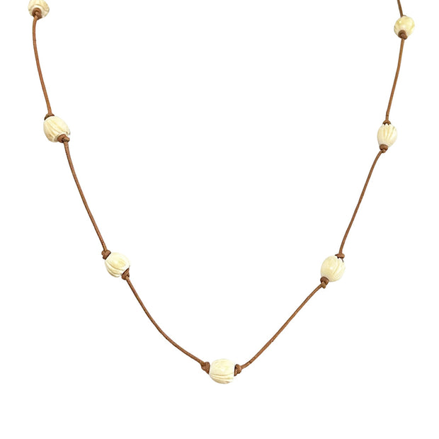 Carved Bone Bead & Leather Necklace - "Tulips"