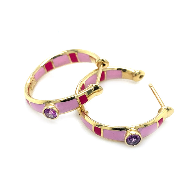 Montana Sapphire with Pink Enamel & Yellow Gold Hoops - "Rock Candy Sweetness"