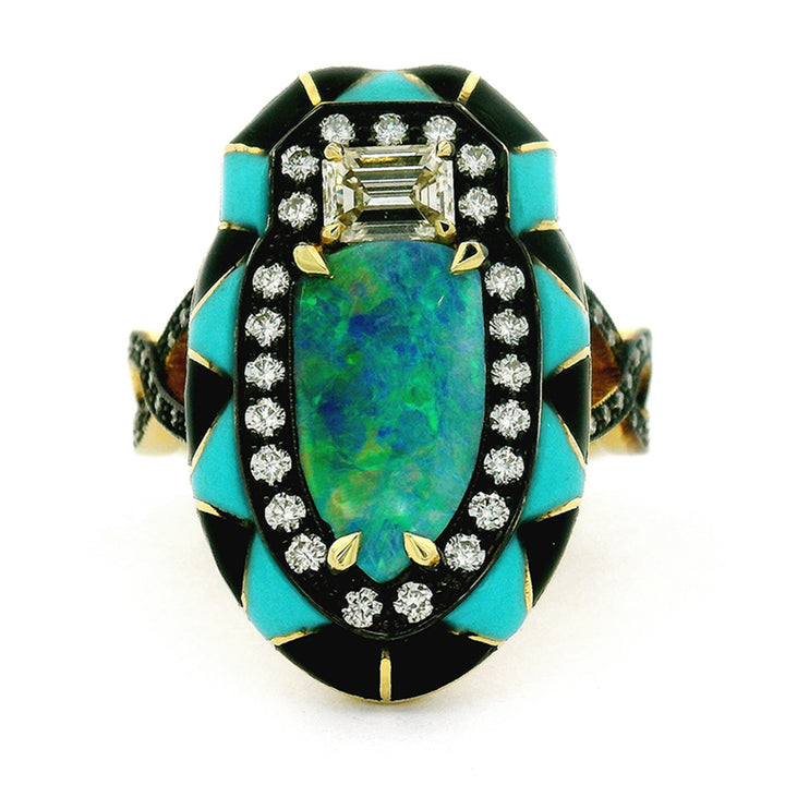 Opal, Diamond & Enamel Fashion Ring - "Blue Mint"