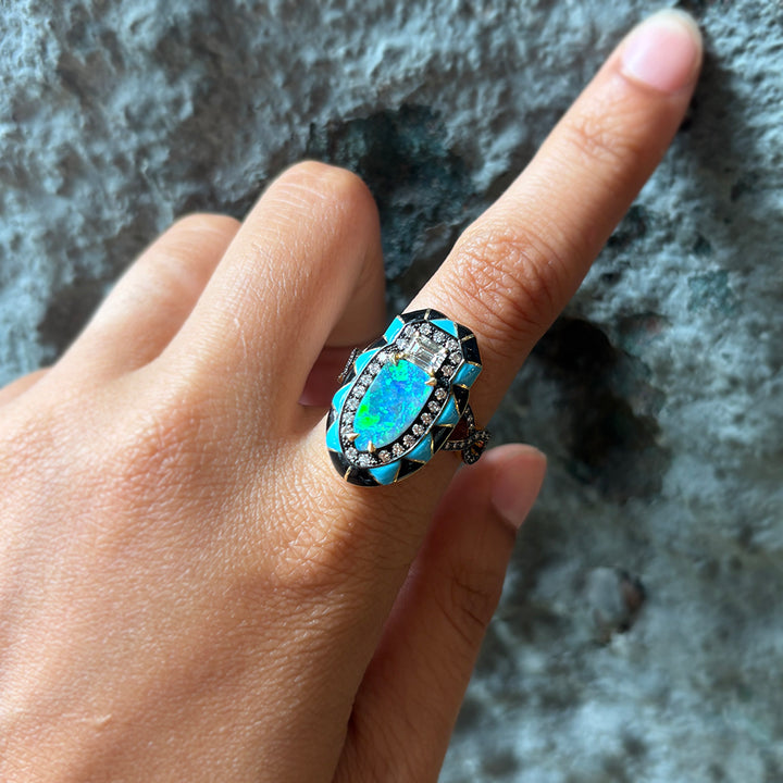 Opal, Diamond & Enamel Fashion Ring - "Blue Mint"