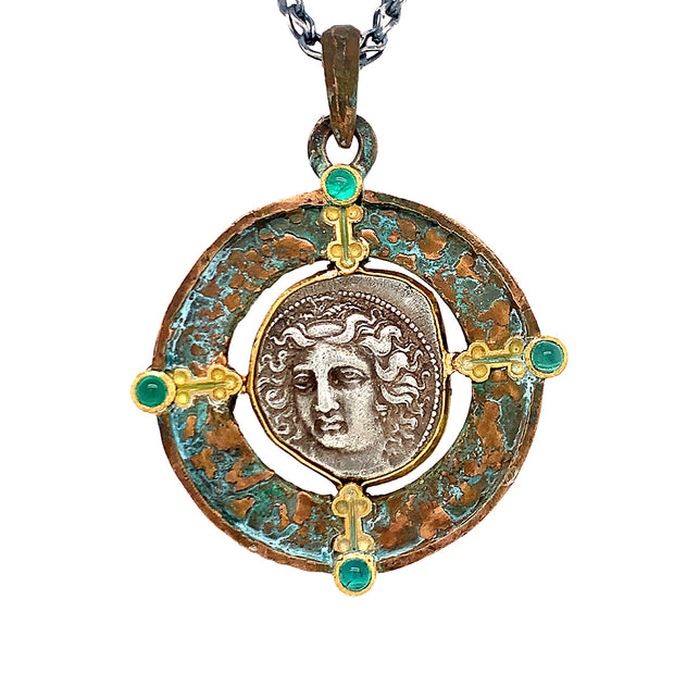 Reversible Ancient Greek Coin & Emerald Necklace - "Neo Bronze Age"