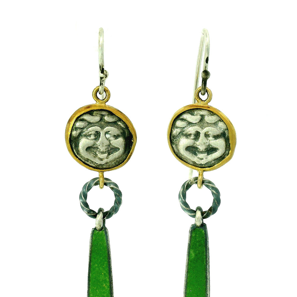 Cast Silver Hemidrachs & Enamel Drop Earrings - "Medusa the Gorgon"