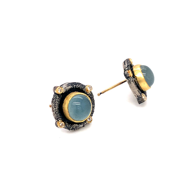 Mother-of-Pearl Backed Aquamarine & Diamond Stud Earrings - "Romanesque"