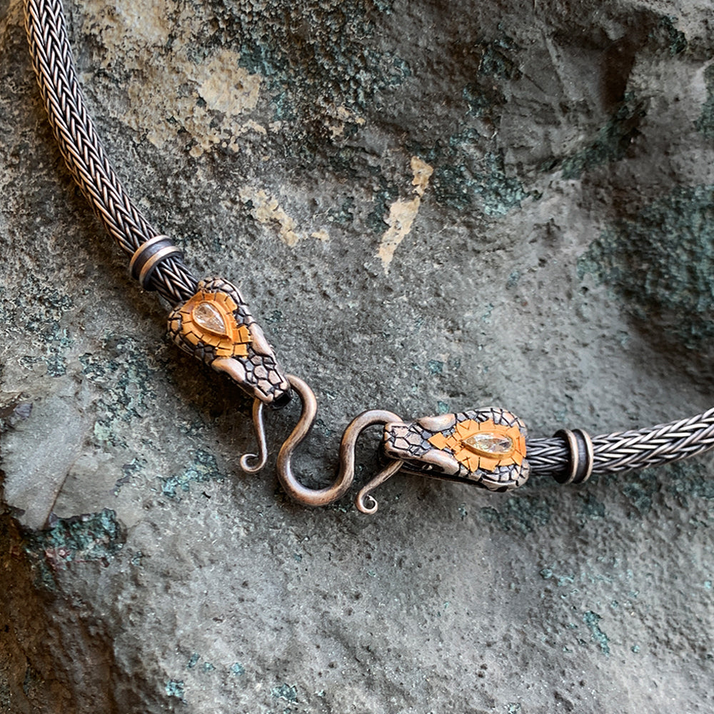 Hand-Carved Serpent Head & Diamond Necklace - "Nehebkau"
