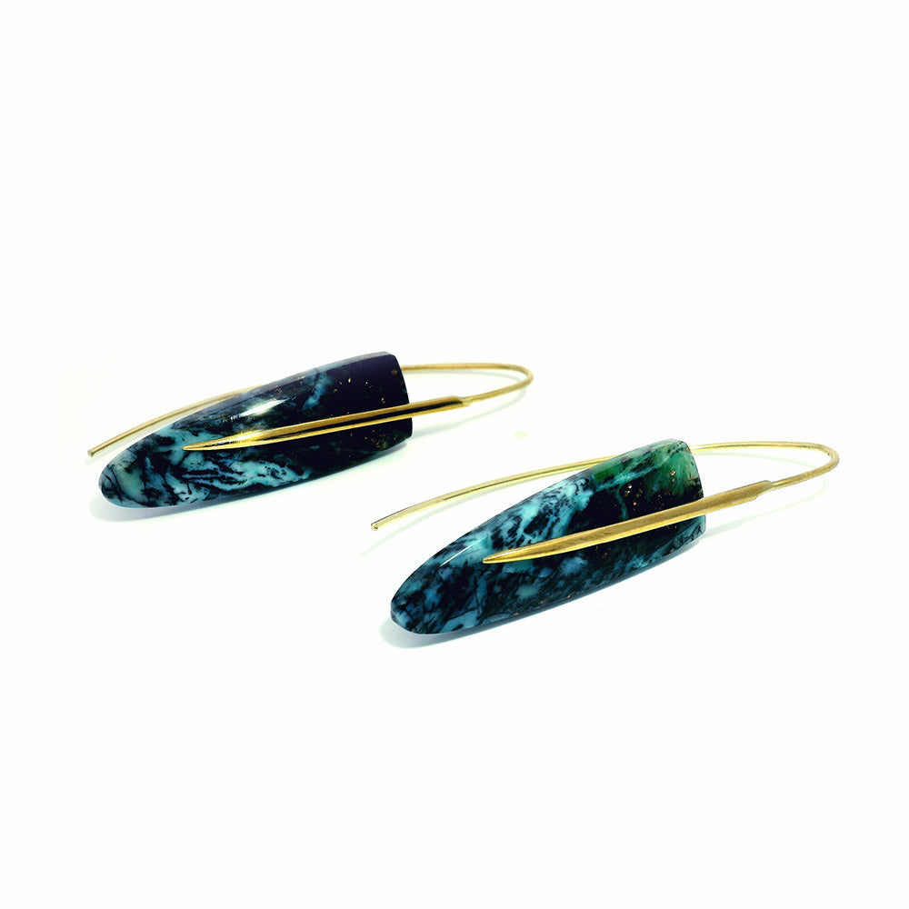 One-of-a-Kind Chrysocolla & Yellow Gold Earrings - "Feather"