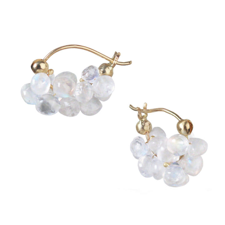 Rainbow Moonstone & Yellow Gold Huggie Earrings - "Cloud"