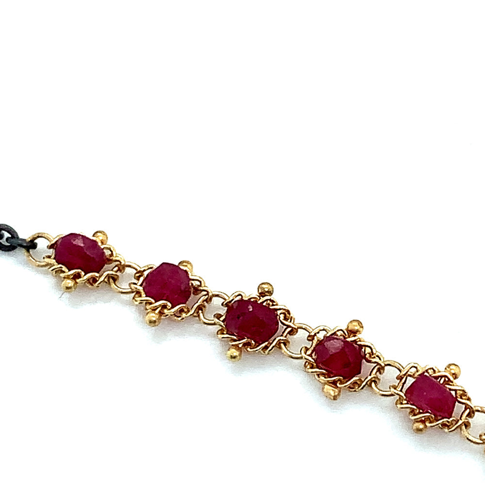 Ruby Rondelle Oxidized Sterling Silver & Gold Necklace - "Centered Textile"