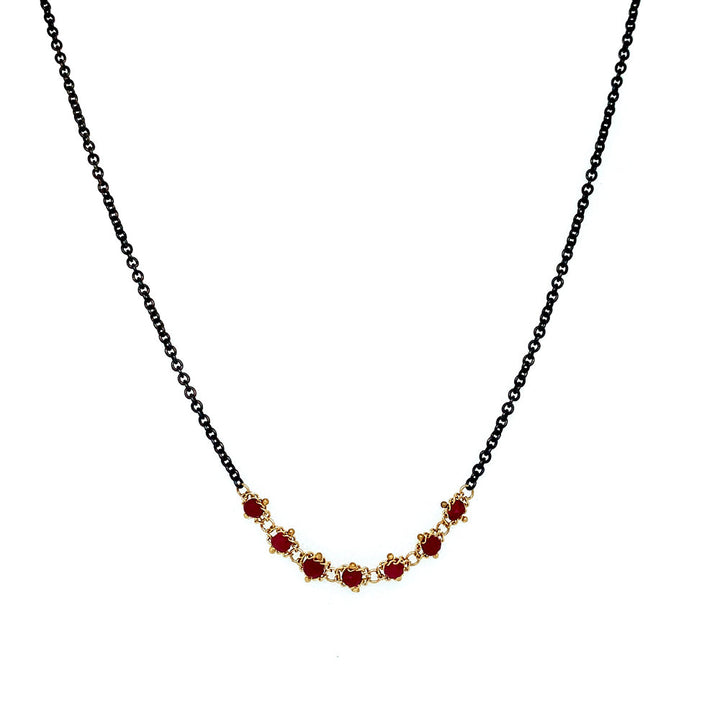 Ruby Rondelle Oxidized Sterling Silver & Gold Necklace - "Centered Textile"