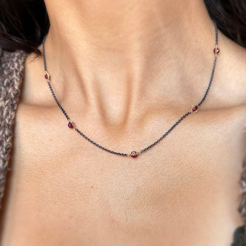 Ruby Rondelle, Oxidized Silver & Gold Necklace - "Textile Station"
