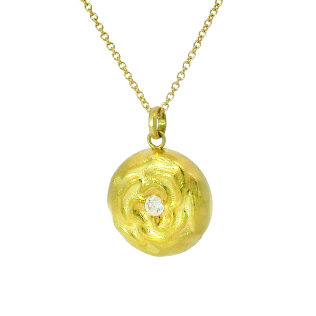 Yellow Gold & Diamond Medallion Necklace - "Blooming Rose"