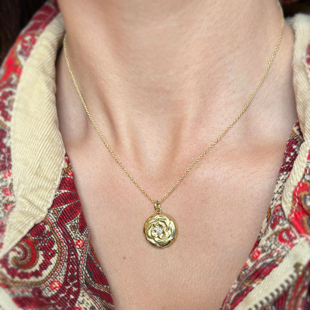 Yellow Gold & Diamond Medallion Necklace - "Blooming Rose"