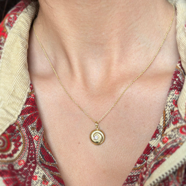 Yellow Gold & Diamond Medallion Necklace - "Spiral"