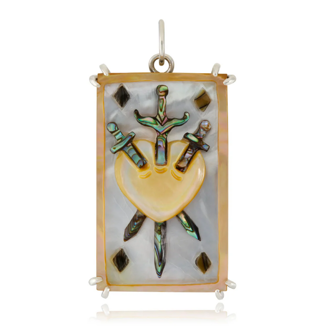 Abalone & Mother-of-Pearl Tarot Card Pendant - "Three of Swords"