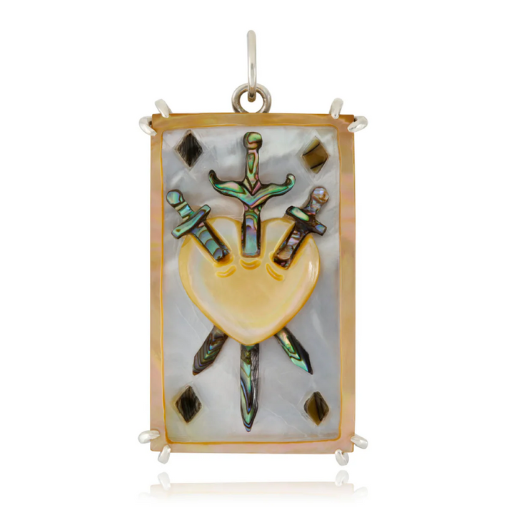 Abalone & Mother-of-Pearl Tarot Card Pendant - "Three of Swords"