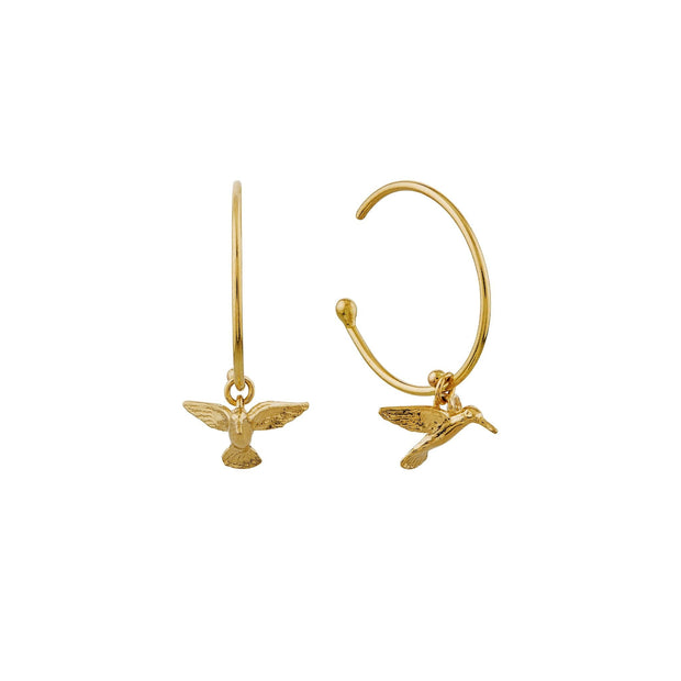 18K Yellow Gold Hoop Earrings - "Teeny Tiny Hummingbirds"