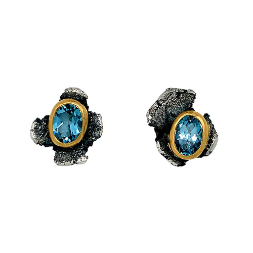 Blue Topaz Sterling Silver & Gold Stud Earrings - "Talentum"